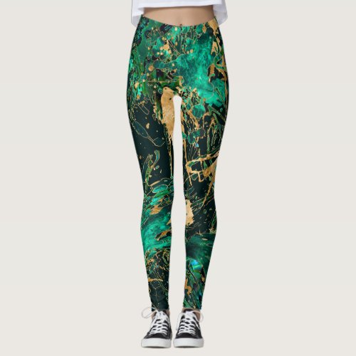 Emerald Green and Gold abstract Leggings