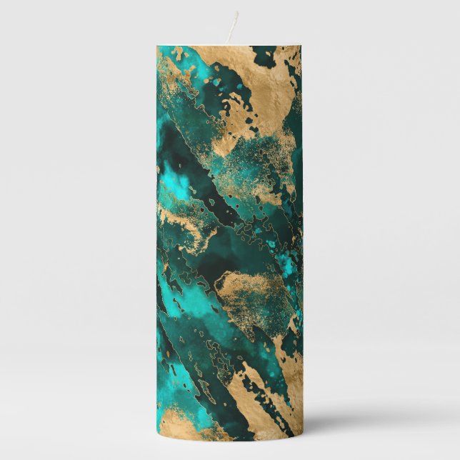 Emerald Green and Gold abstract Pillar Candle (Front)