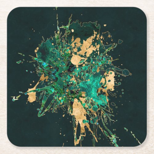 Emerald Green and Gold abstract Square Paper Coaster