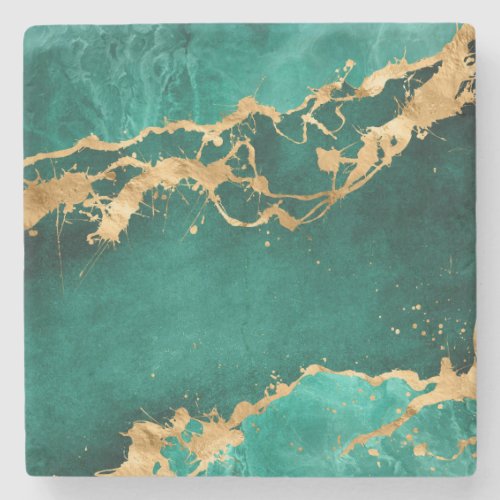 Emerald Green and Gold abstract Stone Coaster