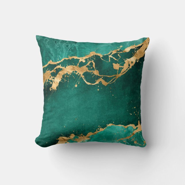 Emerald Green and Gold abstract Throw Pillow (Front)