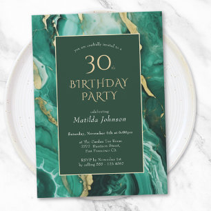 Emerald Green and Gold Agate 30th Birthday Invitation