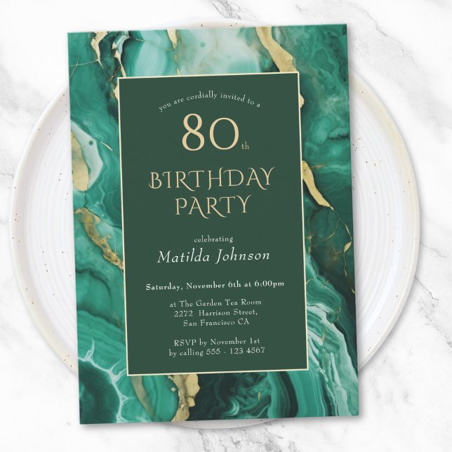 Emerald Green and Gold Agate 80th Birthday Invitation (Emerald Green and Gold Agate 80th Birthday Invitation)
