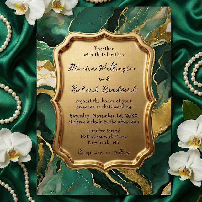 Emerald Green and Gold Agate Marble Luxury Wedding Invitation (Creator Uploaded)