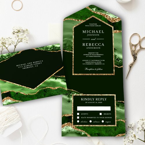 Emerald Green and Gold Agate Marble Wedding All In One Invitation