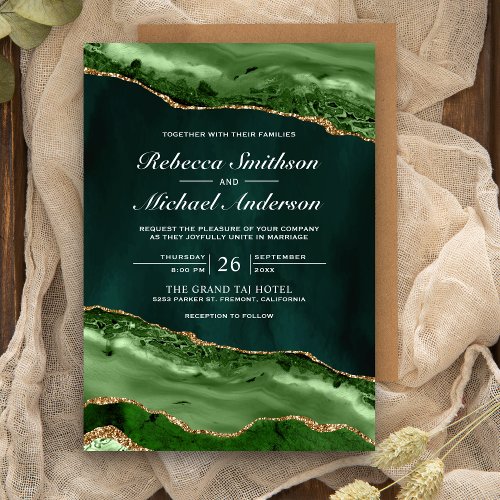 Emerald Green and Gold Agate Marble Wedding Invitation