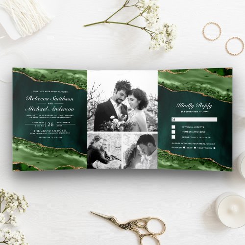 Emerald Green and Gold Agate Photo Collage Wedding Tri_Fold Invitation