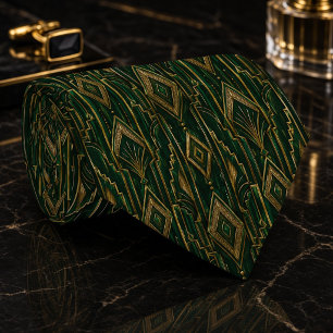 Emerald Green and Gold Art Deco Diamond Neck Tie