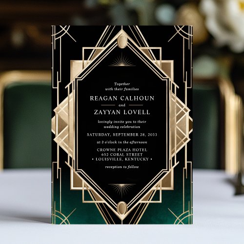 Emerald Green And Gold Art Deco Geometric Wedding Invitation