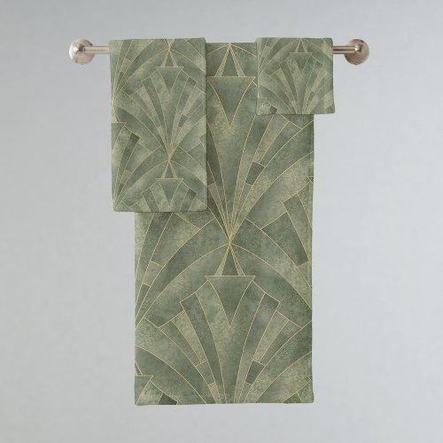 Emerald Green and Gold Art Deco Pattern Bath Towel Set