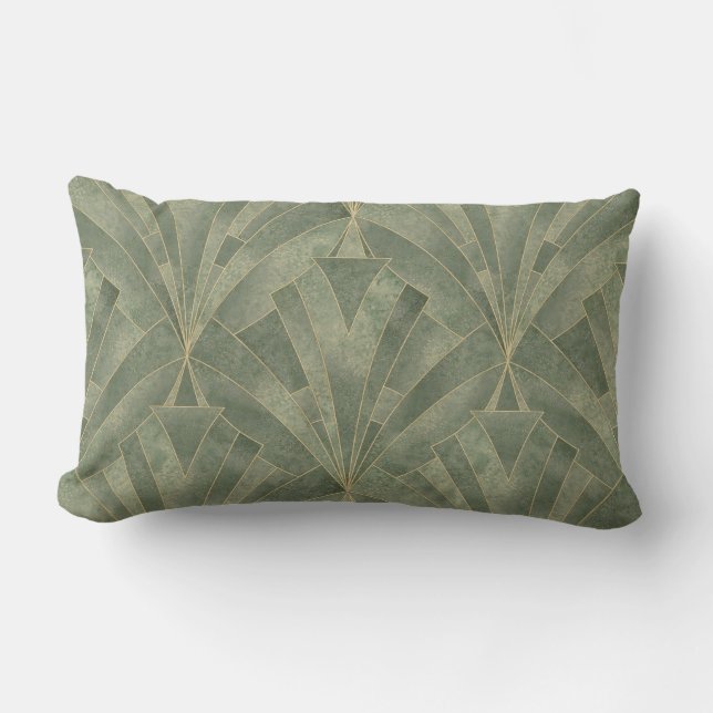 Emerald Green and Gold Art Deco Pattern Lumbar Pillow (Front)