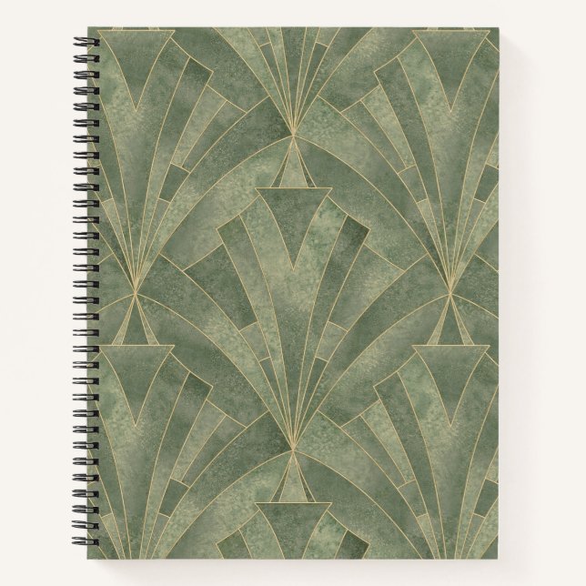 Emerald Green and Gold Art Deco Pattern Notebook (Front)