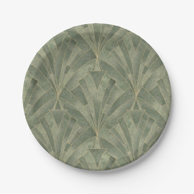 Emerald Green and Gold Art Deco Pattern Paper Plates (Front)