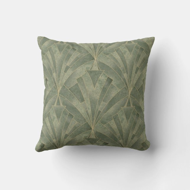 Emerald Green and Gold Art Deco Pattern Throw Pill Pillow (Back)