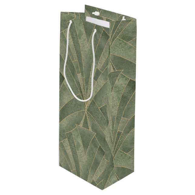 Emerald Green and Gold Art Deco Pattern Wine Gift Bag (Front Angled)