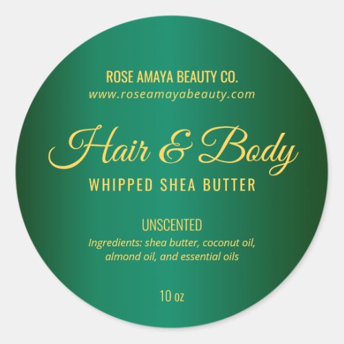Emerald Green And Gold Body Butter Hair Care Label