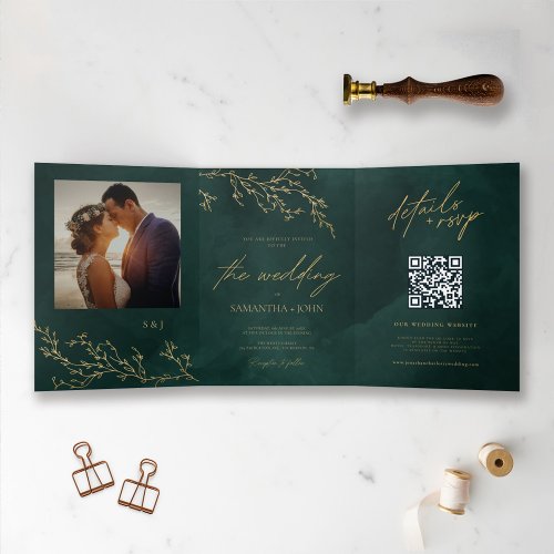 Emerald Green and Gold Botanical Elegant Wedding Tri_Fold Invitation