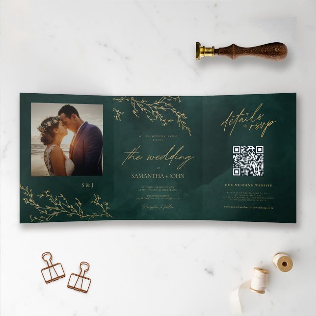 Emerald Green and Gold Botanical Elegant Wedding Tri-Fold Invitation (Creator Uploaded)