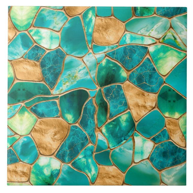 Emerald Green and Gold cells abstract Ceramic Tile (Front)