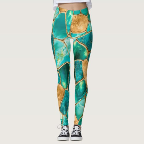 Emerald Green and Gold cells abstract Leggings