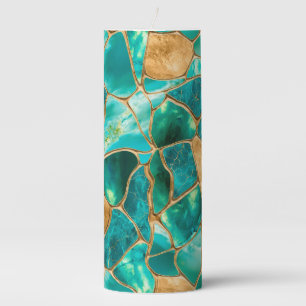 Emerald Green and Gold cells abstract Pillar Candle