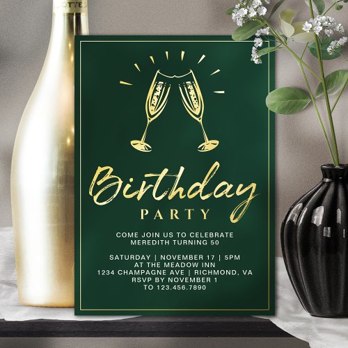 Emerald Green and Gold Champagne Birthday Party Foil Invitation