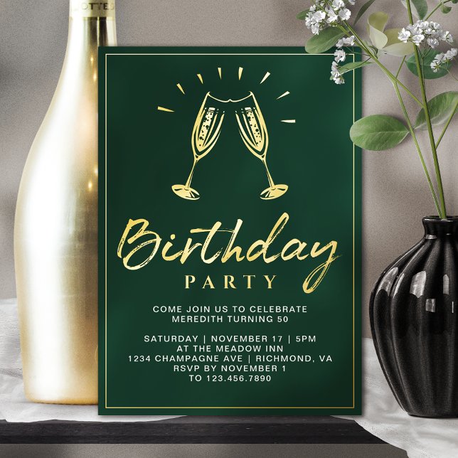 Emerald Green and Gold Champagne Birthday Party Foil Invitation (Creator Uploaded)