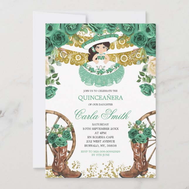 Emerald Green and Gold Charra Mis Quince Invitation (Front)