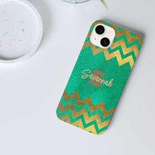 Emerald Green and Gold Chevron Glitter Case-Mate iPhone 14 Case