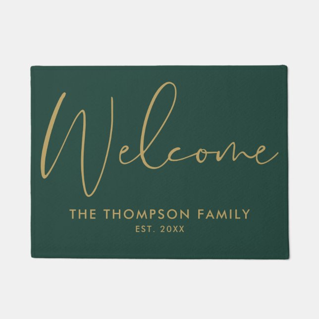 Emerald Green And Gold Custom Family Name Welcome Doormat (Front)