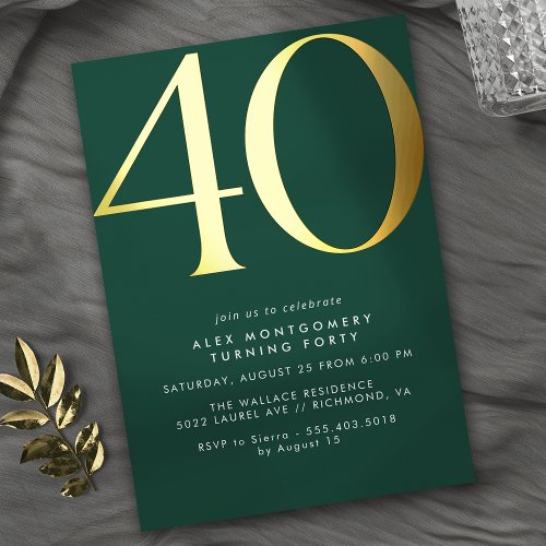Emerald Green and Gold  Elegant 40th Birthday Foil Invitation