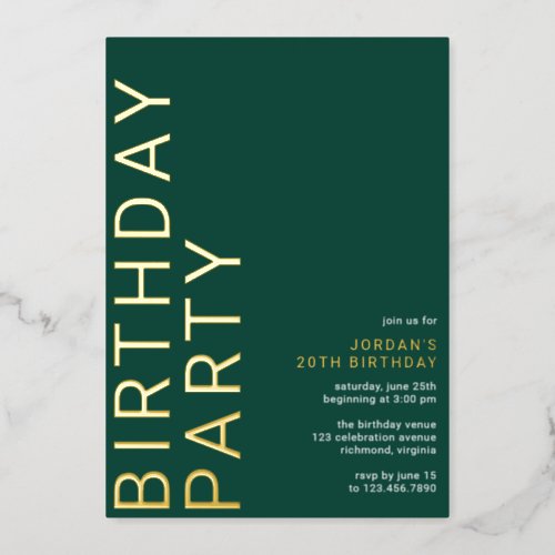 Emerald Green and Gold  Elegant Any Age Birthday Foil Invitation