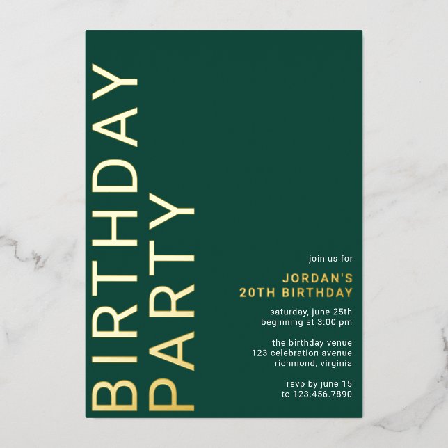 Emerald Green and Gold | Elegant Any Age Birthday Foil Invitation (Front)