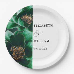 Emerald Green And Gold Elegant Floral Wedding Paper Plates