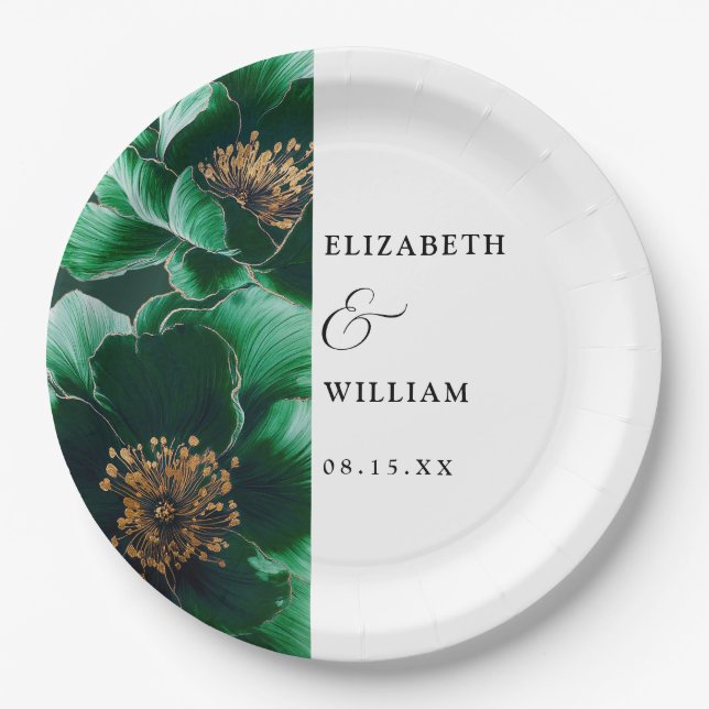 Emerald Green And Gold Elegant Floral Wedding Paper Plates (Front)