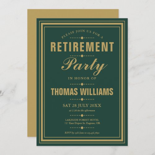 Emerald Green And Gold Elegant Retirement Party Invitation