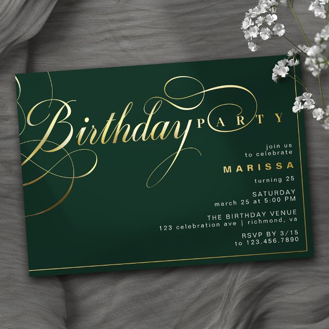 Emerald Green and Gold | Elegant Script Birthday Foil Invitation (Creator Uploaded)