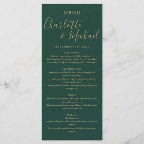 Emerald Green And Gold Elegant Script Wedding Menu