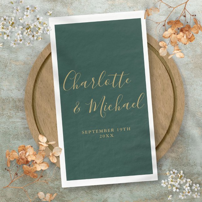Emerald Green And Gold Elegant Script Wedding Paper Guest Towels (Emerald Green And Gold Elegant Script Wedding Paper Guest Towels)