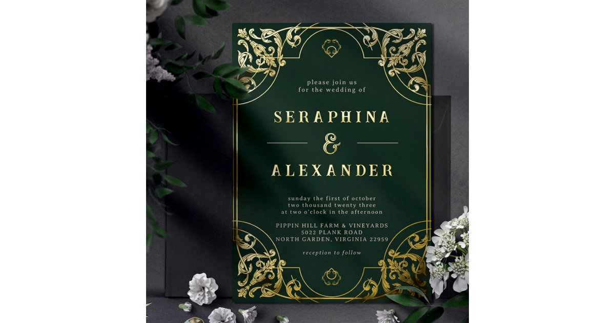 Emerald Green and Gold | Elegant Vintage Wedding Foil Invitation | Zazzle