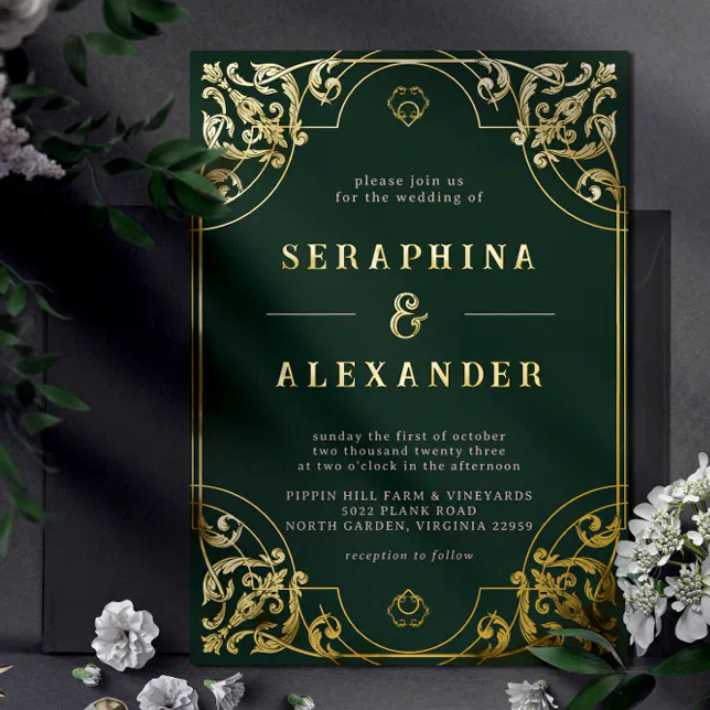 Emerald Green and Gold | Elegant Vintage Wedding Foil Invitation | Zazzle