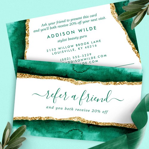 Custom Referral Cards 9 Emerald Green And Gold Elegant Watercolor Referral Card