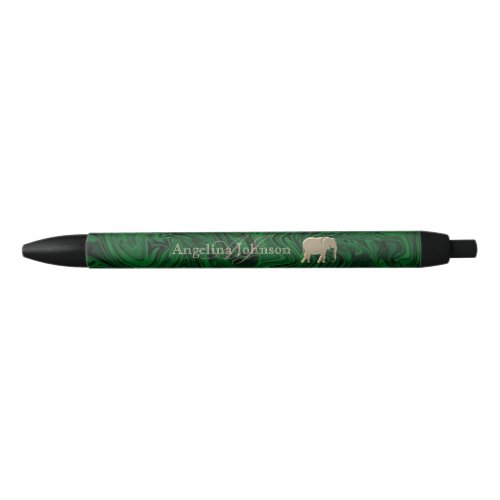 Emerald Green and Gold Elephant Monogrammed Black Ink Pen