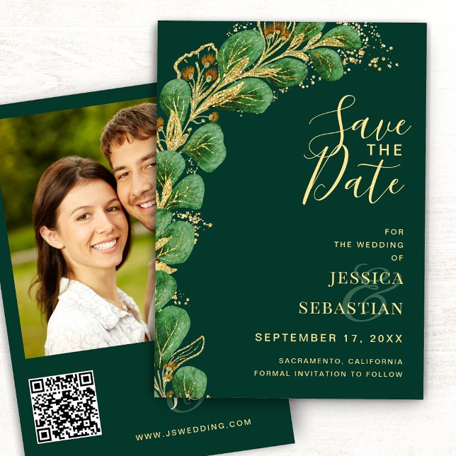 Emerald Green and Gold Eucalyptus Elegant Save The Date (Creator Uploaded)