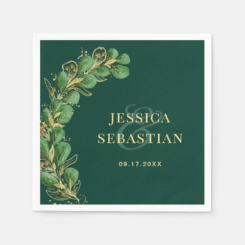 Emerald Green and Gold Eucalyptus Elegant Wedding Napkins