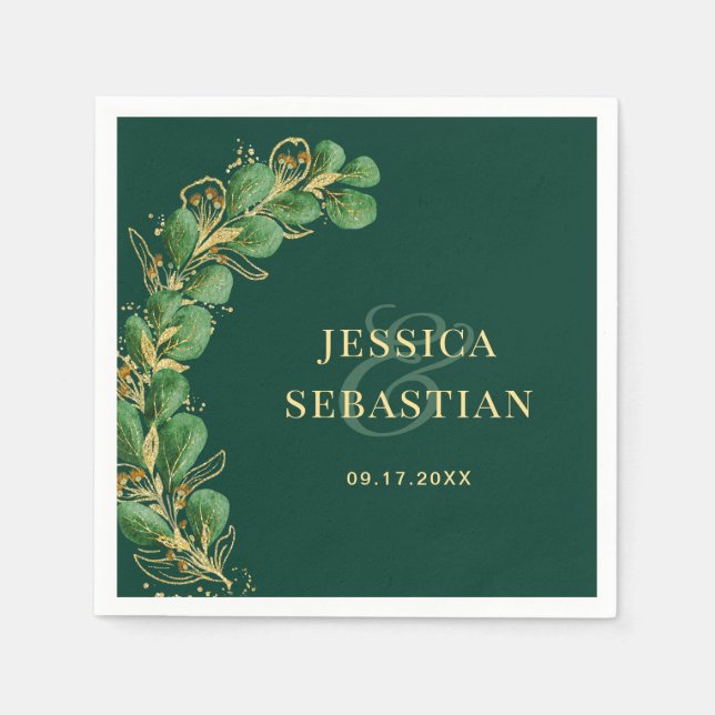 Emerald Green and Gold Eucalyptus Elegant Wedding Napkins (Front)