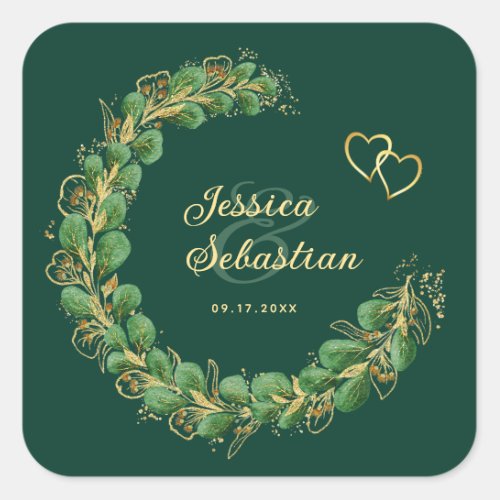 Emerald Green and Gold Eucalyptus Wedding Square Sticker