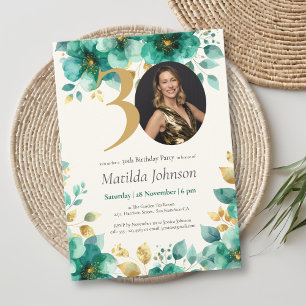 Emerald Green and Gold Floral 30th Birthday Invitation