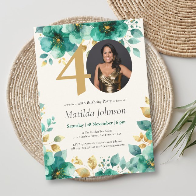 Emerald Green and Gold Floral 40th Birthday  Invitation (Emerald Green and Gold Floral 40th Birthday Invitation)