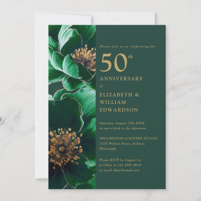 Emerald Green And Gold Floral 50th Anniversary Invitation (Front)